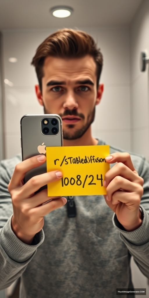 Man in a meticulously detailed bathroom, capturing a mirror selfie with the latest iPhone. He's holding a vibrant yellow post-it note displaying "r/stablediffusion" and "10/08/24". Hyper-realistic style with precise lighting, reflections, and textures. Verification-style composition, natural color palette. Subtle tension in expression, modern tech-savvy atmosphere. - Image