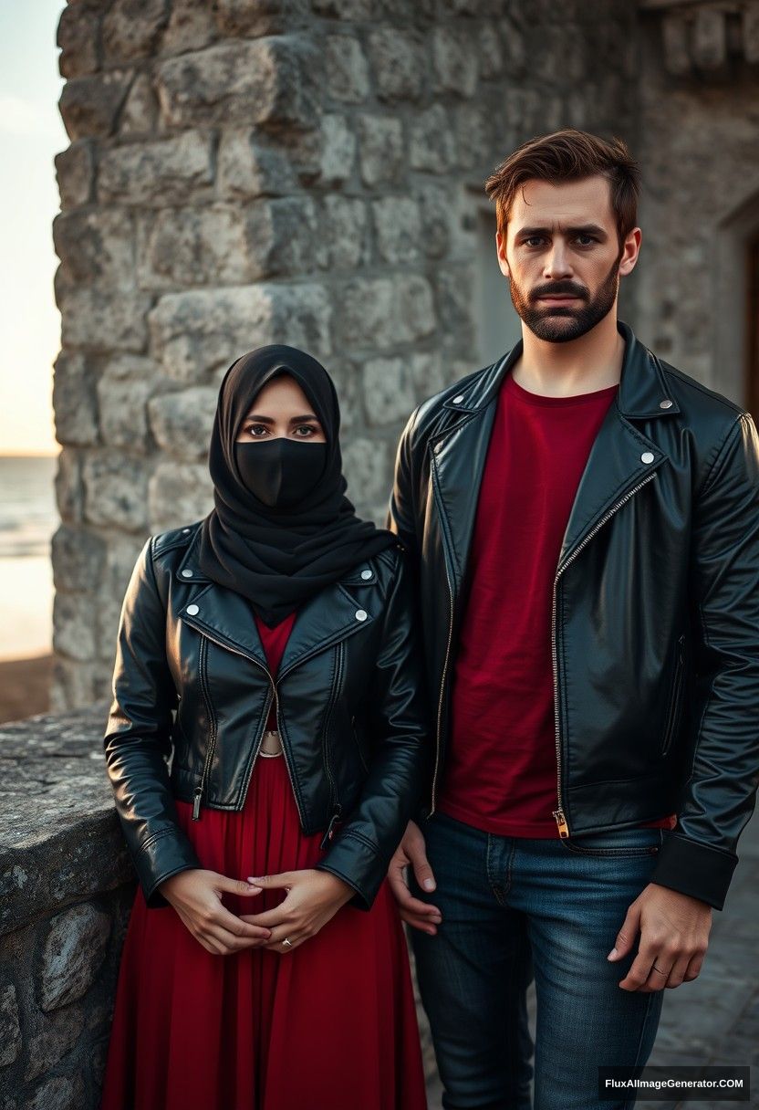 A biggest black hijab girl, beautiful eyes, face mask black, black leather jacket, biggest red longest dress, not tall,

Jamie Dornan, handsome, face mask black, fit and tough body, metal red t-shirt, black leather jacket, jeans, tall man,

standing near wall together, 
Hyper realistic, photorealistic, street photography, Victoria's abandoned castle, near beach, sunrise.