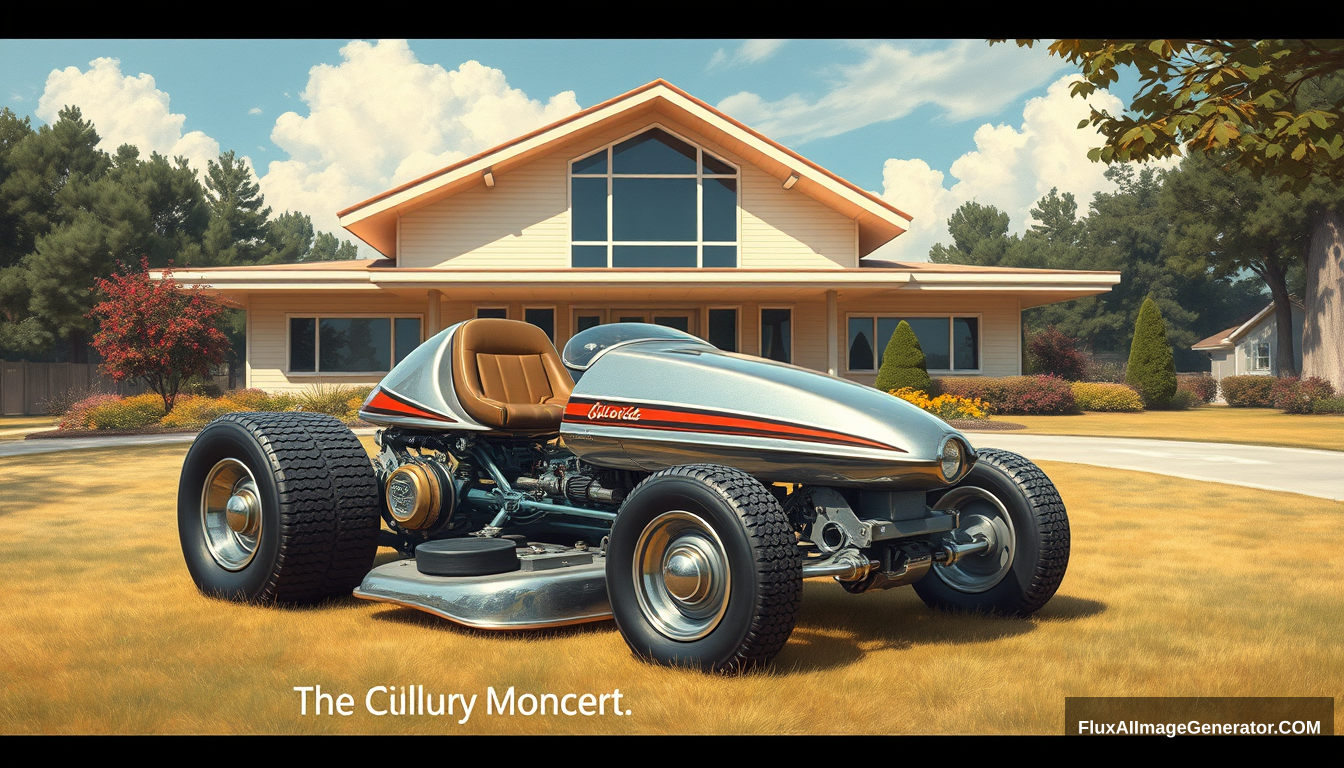 A futuristic lawn mower dragster concept from the 1970s sitting in front of a Mid-Century Modern house, as painted by Syd Mead, in a country setting, 4k, with metal-flake paint.