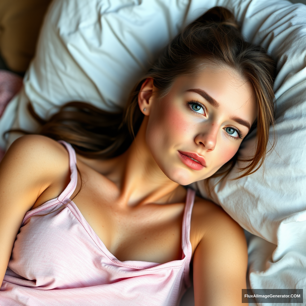 A very pretty skinny 28-year-old adult, Ally Hinson, has brown hair tied back in a ponytail, freckles, and skin imperfections, wearing pajamas and laying down.