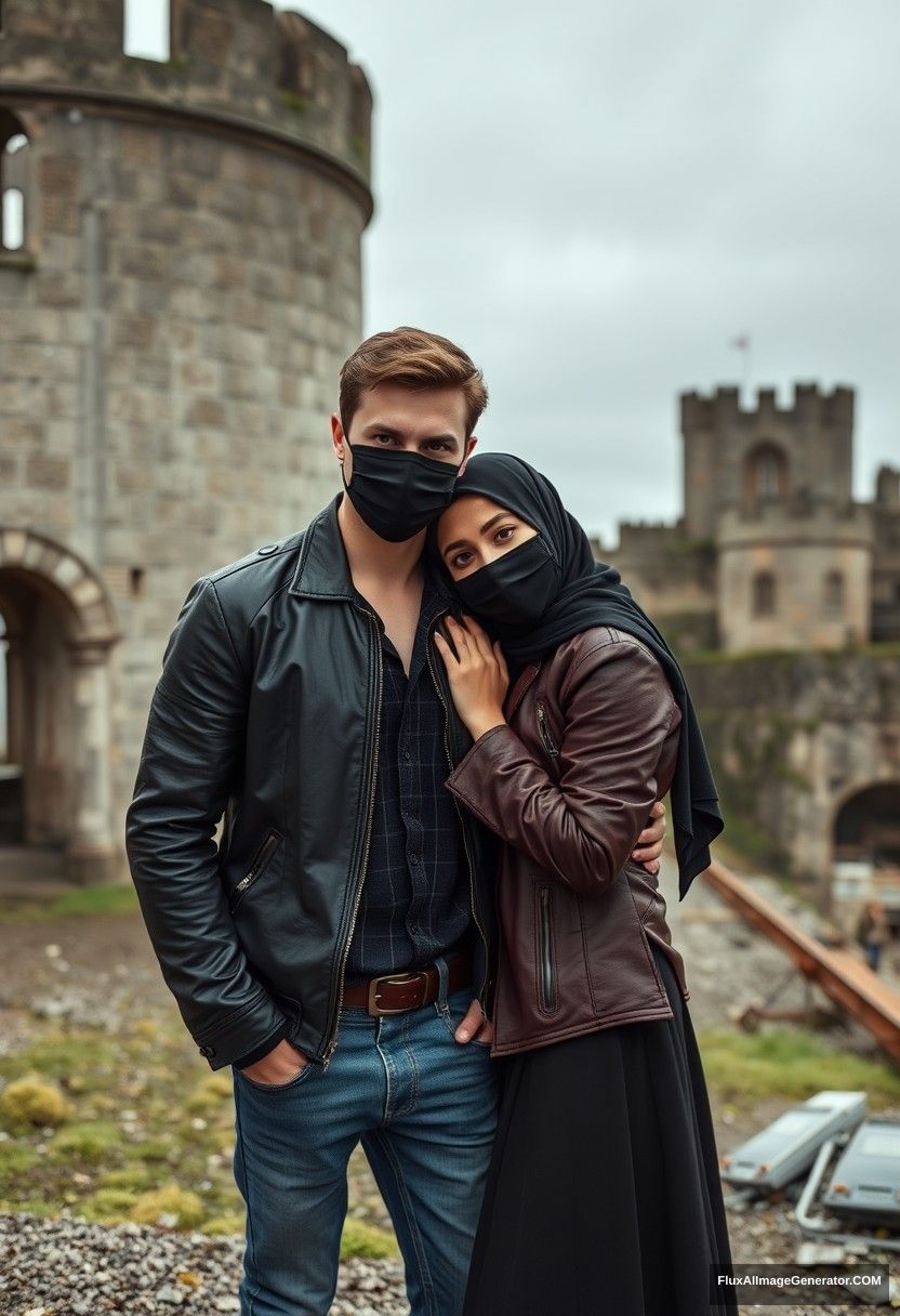 Jamie Dornan's head and body shot, handsome, youngest, face mask black, black leather jacket, jeans, dating, love with the biggest black hijab Muslim girl, not tall, beautiful eyes, face mask, maroon leather jacket, biggest black skirt, leaning on his shoulder, hyper-realistic, studio photography, full body photo, explore at abandoned castle, at sea, gloomy scenery.