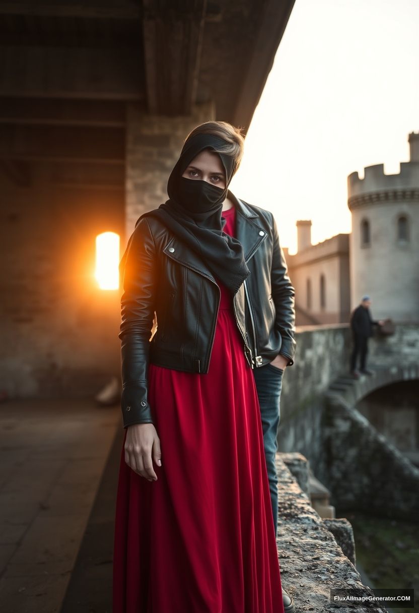 A biggest black hijab girl, beautiful eyes, face mask black, black leather jacket, biggest red longest dress, not tall,

Jamie Dornan, handsome, face mask black, fit and tough body, red t-shirt, black leather jacket, jeans, tall man, standing at wall together

Hyper realistic, photorealistic, studio photography, Victoria's abandoned castle, sunrise.