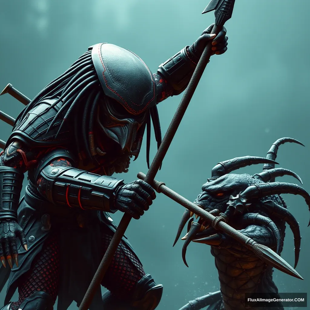 Predator in black armor with red lines, jumping to stab an orc with a spear, photography, realistic.