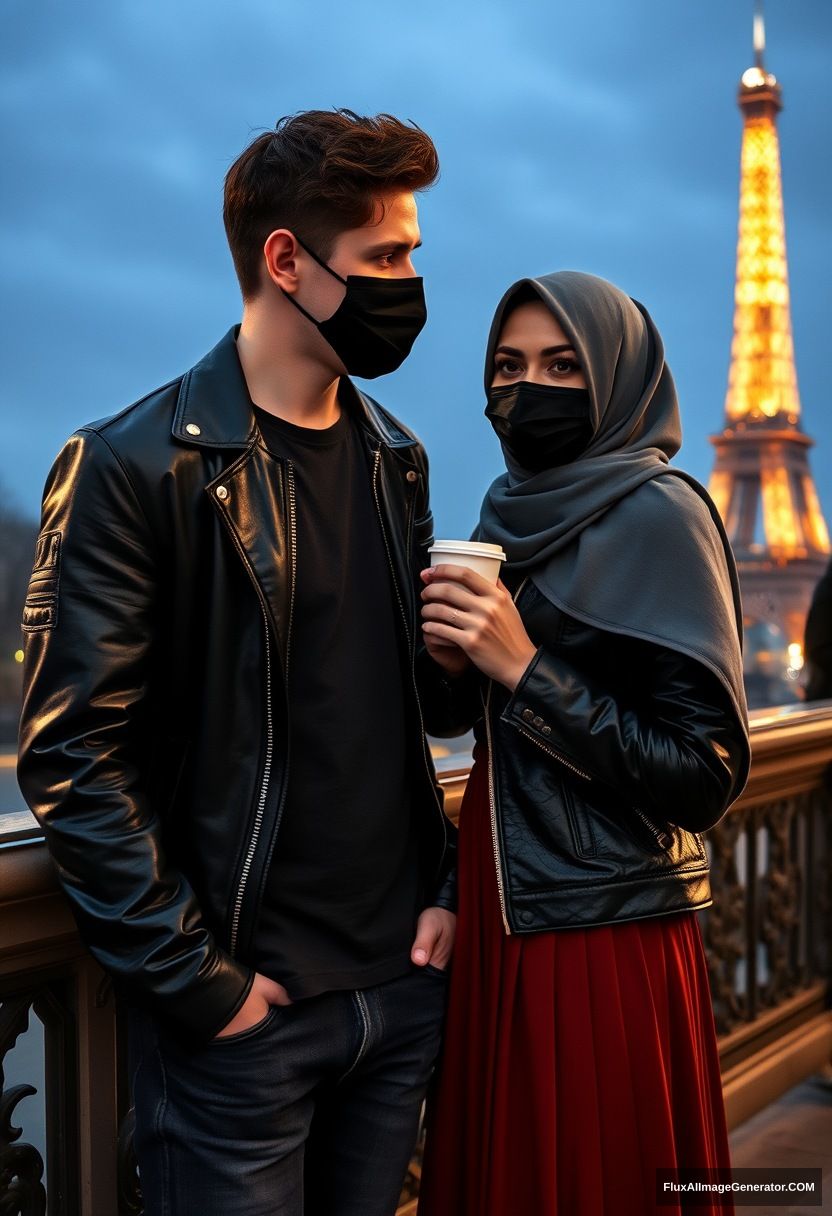 Jamie Dornan, young, black face mask, black leather jacket, Nike t-shirt, jeans,

Dating, love with the biggest grey hijab Muslim girl, beautiful eyes, black face mask, leather jacket, biggest longest skirt, cute,

standing near the Eiffel Tower, night scenery, holding a cup of hot coffee, hyper realistic, photorealistic, street photography. - Image