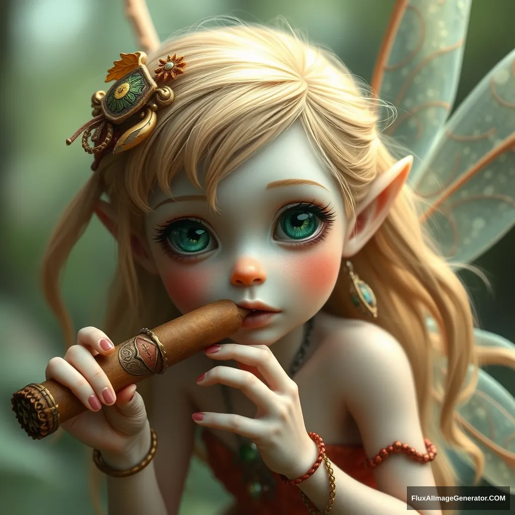 A cute white ginger fairy with green eyes trying to smoke a cigar taller than her.