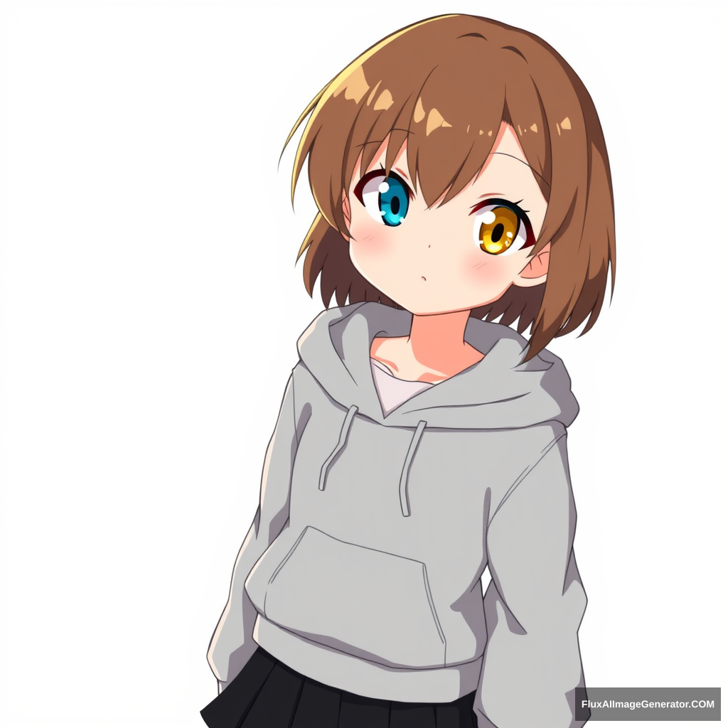 one anime girl with the left eye blue and the right eye yellow, and brown hair. cute looking short full body wearing a gray hoodie with a black skirt. - Image