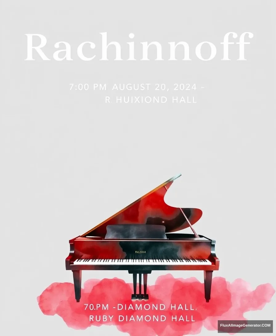 Title: “Rachmaninoff” displayed at the top center

include the following texts line by line on the bottom of the poster:  
“7:00 PM August 20, 2024”  
“Performed by Dr. Huixian Wu”  
“Ruby Diamond Hall”  

Visual Elements: A grand piano centered at the bottom with minimal vigorous colors watercolor style.