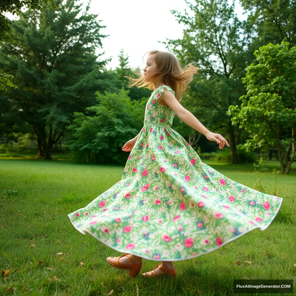 "Create a photo: A girl in a summer dress is spinning,so that the dress flies." - Image