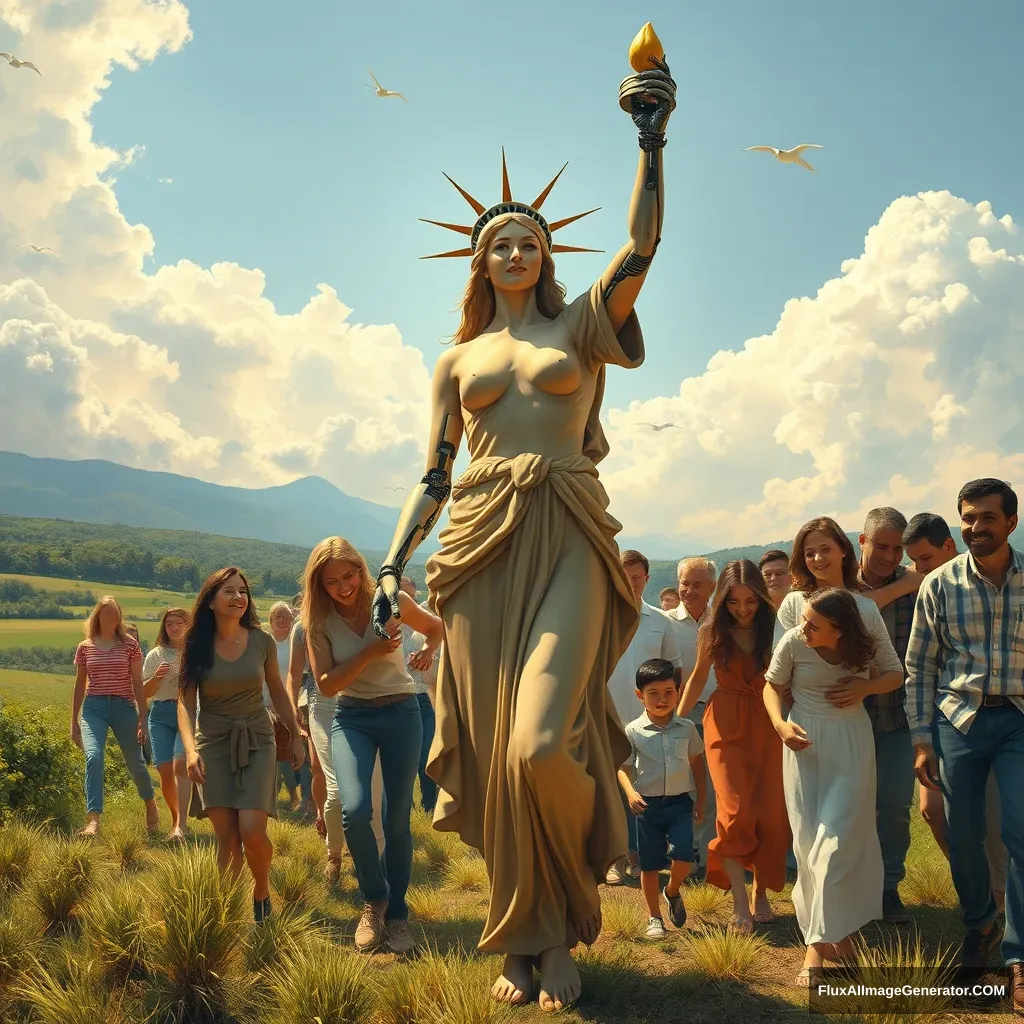 A powerful and inspiring image depicting the concept of freedom and food sovereignty. In the foreground, a goddess symbolizing liberty leads the people towards a bright future, reminiscent of the iconic painting 'Liberty Leading the People.' The nude lady appears mostly human, with only about 10% of her body showing robotic elements, such as a mechanical arm or eye. She is surrounded by families and individuals who are joyous and supportive, embracing and helping each other. The scene is vibrant and full of hope, capturing the essence of unity, progress, and decentralized, family-based agricultural production. - Image