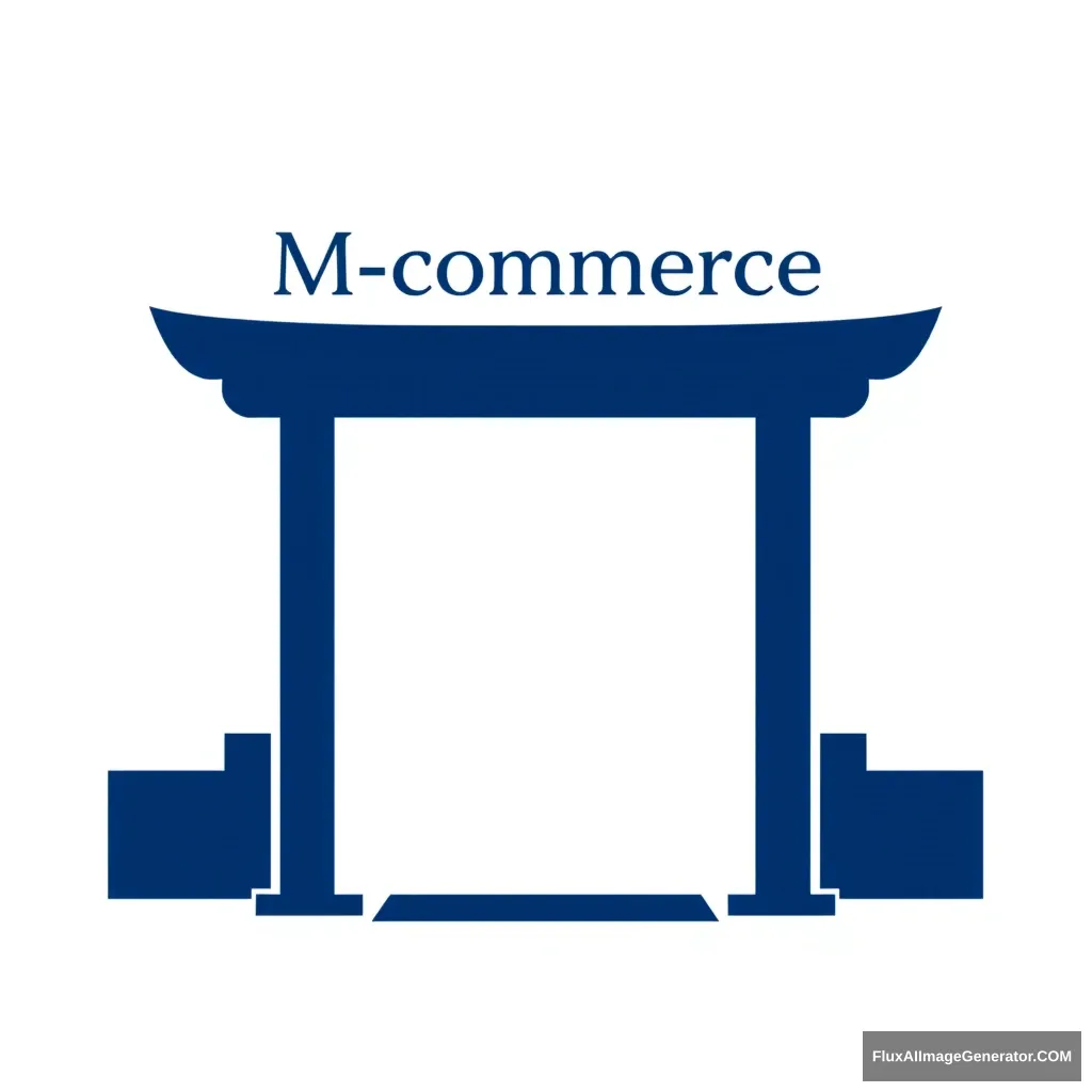 The last name is [M-commerce]. It is written above the gateway leading into the last name. A concise and symbolic icon. Represented in navy blue / background is white.