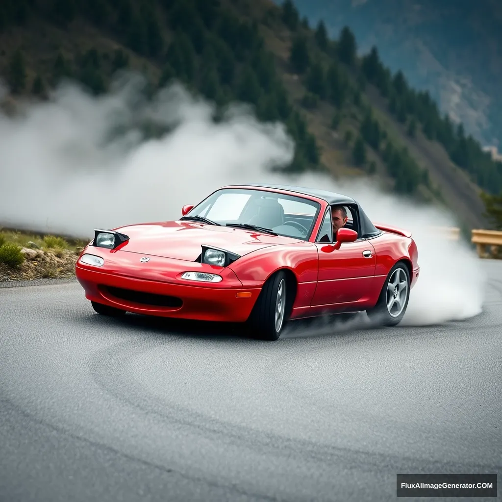 Create an image of a red 1991 Mazda Miata drifting on a Japanese mountain.