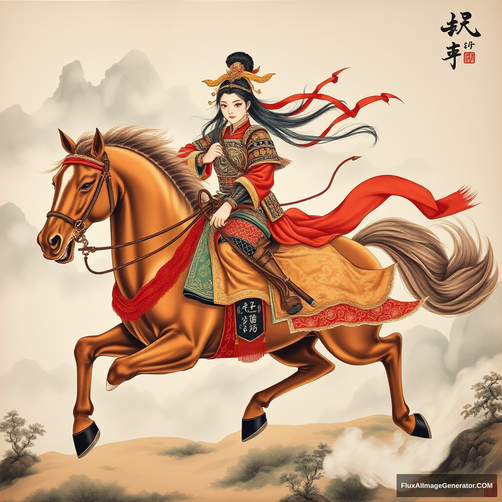 Traditional Chinese painting of a female warrior from the Han Dynasty in ancient China, dressed in intricate armor with flowing silk robes, riding a powerful horse in mid-gallop, the horse's mane and tail flowing in the wind, detailed landscape with mist-covered mountains in the background, rich colors like deep reds and golds, soft and diffused light, high resolution for delicate brush strokes, capturing the strength and elegance of the warrior and her steed, portrait orientation. - Image