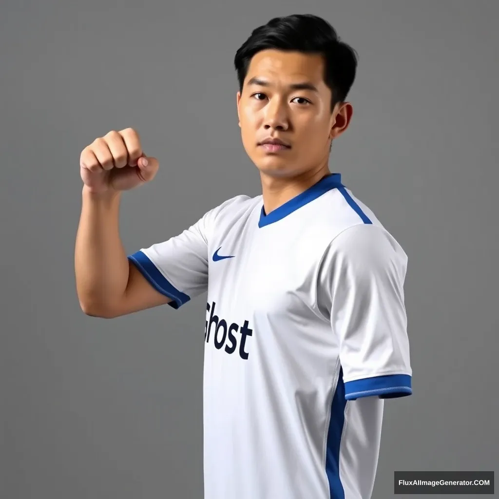 An Asian man wearing a white short-sleeve soccer jersey with a blue collar and blue cuffs, with the word "Ghost" printed on the front of the jersey, striking a powerful pose in a half-body portrait, taken in a studio with a gray background.