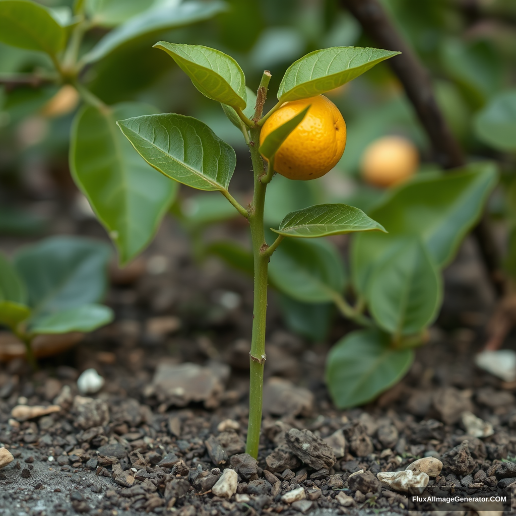 A shoot sprang from a small citrus fruit, pushing below the court scale, which was leaning and decaying and was crumbling. - Image