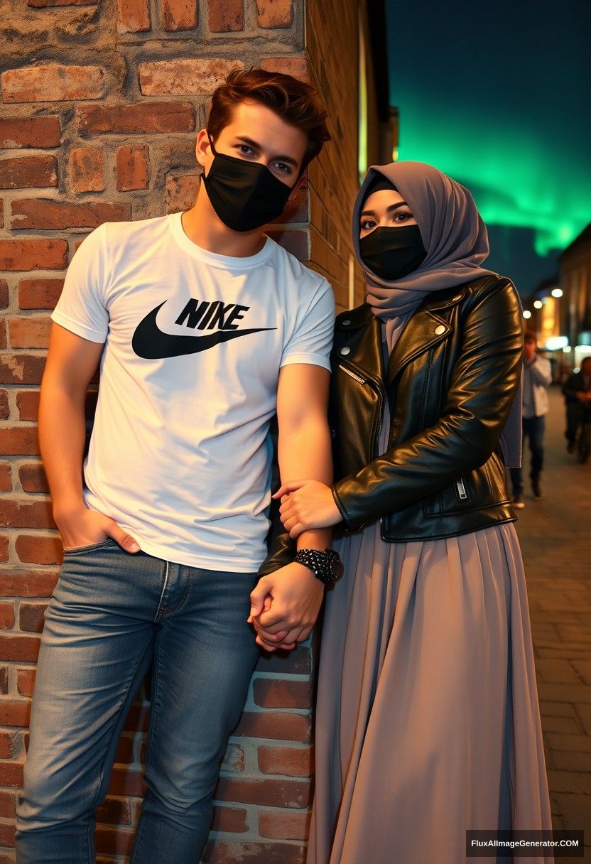 Jamie Dornan, tall and handsome, wearing a black face mask, a white Nike t-shirt, and jeans, is dating a romantic Muslim girl in a gray hijab with beautiful eyes, also wearing a black face mask and a leather jacket, along with the longest and biggest skirt, though she's not tall. They are holding hands, lying against a brick wall in town, in a photorealistic street photography setting, full photographs, selfie photos, with a nighttime scenery and aurora.