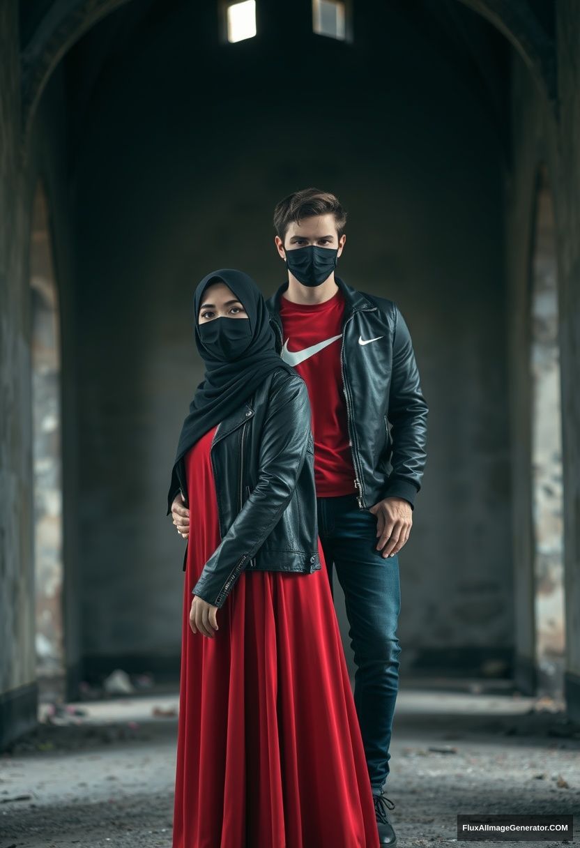 A biggest black hijab girl, beautiful eyes, face mask black, black leather jacket, biggest red longest dress, not tall,

Jamie Dornan, handsome, face mask black, fit and tough body, Nike red t-shirt, black leather jacket, jeans, tall man, standing lean against the wall together

Hyper realistic, photorealistic, studio photography, Victoria's abandoned castle, gloomy, darkness.