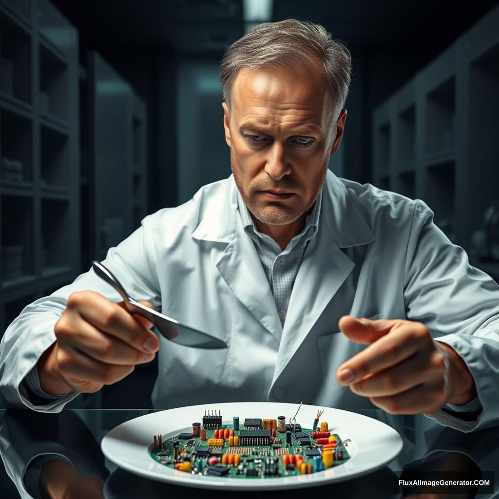 A meticulous engineer dines alone in a sleek, dimly-lit laboratory. Hyper-realistic details reveal his pristine white coat, furrowed brow, and steady hands wielding a silver knife and fork. On his plate, an intricate arrangement of gleaming microchips, resistors, and LEDs replaces traditional food.