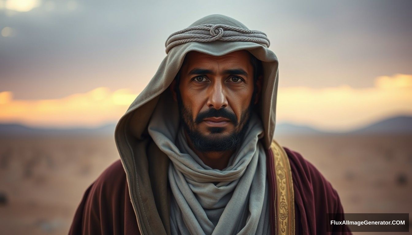 Portrait of Tamim ad-Dari, an Arab man from the Lakhm tribe, dressed in traditional desert robes of the early 7th century, with a serene and wise expression, set against a backdrop of a Middle Eastern desert landscape. Ultra HD, realistic, cinematic lighting. - Image