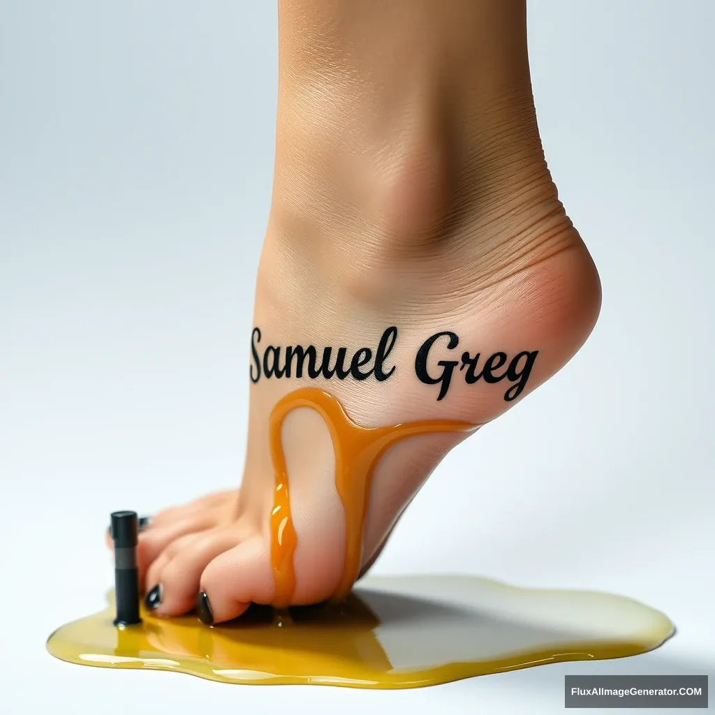 The name "Samuel Greg" on a woman's foot in a black high heel. There is oil all over the foot. - Image