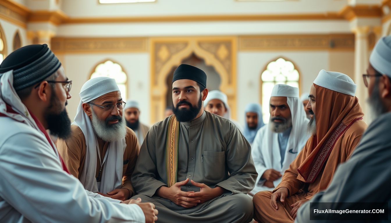 A group of Muslims discussing in an Ultra HD, realistic, educational setting, with warm and cinematic lighting.