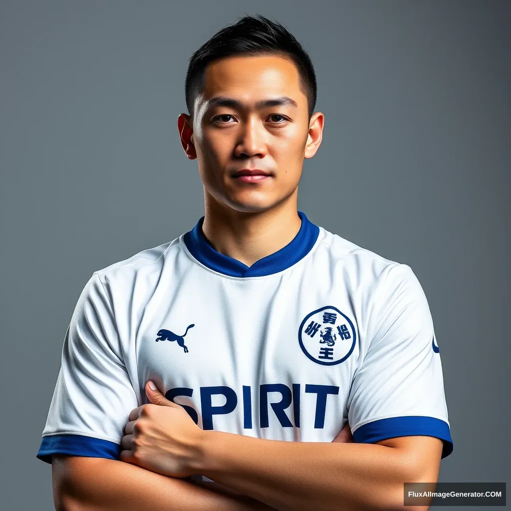 A high-quality portrait photo of a Chinese man with fair and delicate skin, wearing a white short-sleeve soccer jersey with blue cuffs and collar, featuring the word "SPIRIT" written on the front. He strikes a confident and commanding pose, with a determined look in his eyes. The image is a mid-shot player portrait, lit with Rembrandt lighting, taken in a studio against a gray background. - Image