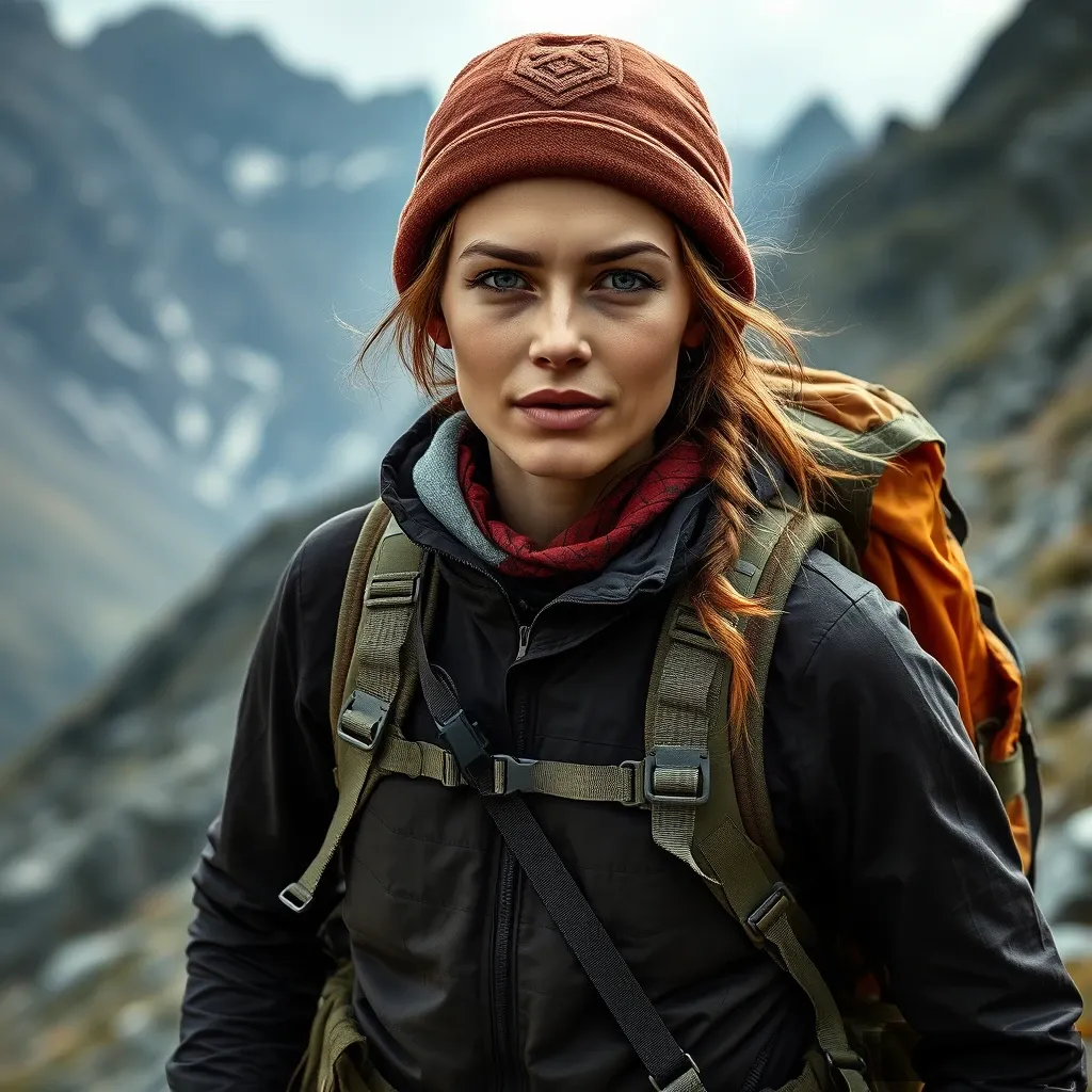 Woman geared up for an intense hike. Determined look. Bottom of rugged mountain Photorealistic.