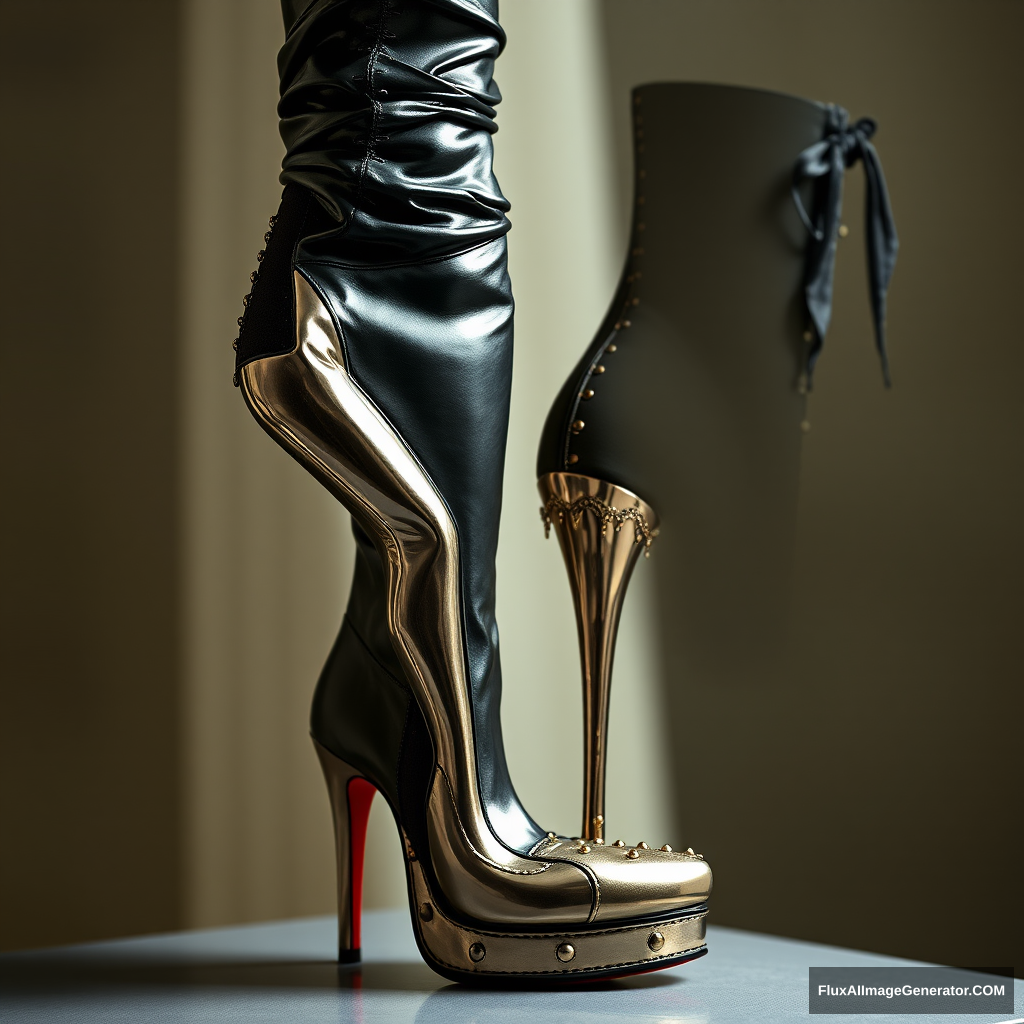 A high-fashion stiletto boot with a unique heel that represents a metallic sculpture of an entire woman’s body in an artistic and sexy pose who embraces the heel and boot body, intricate details, leather, suede parts, nails, lace.