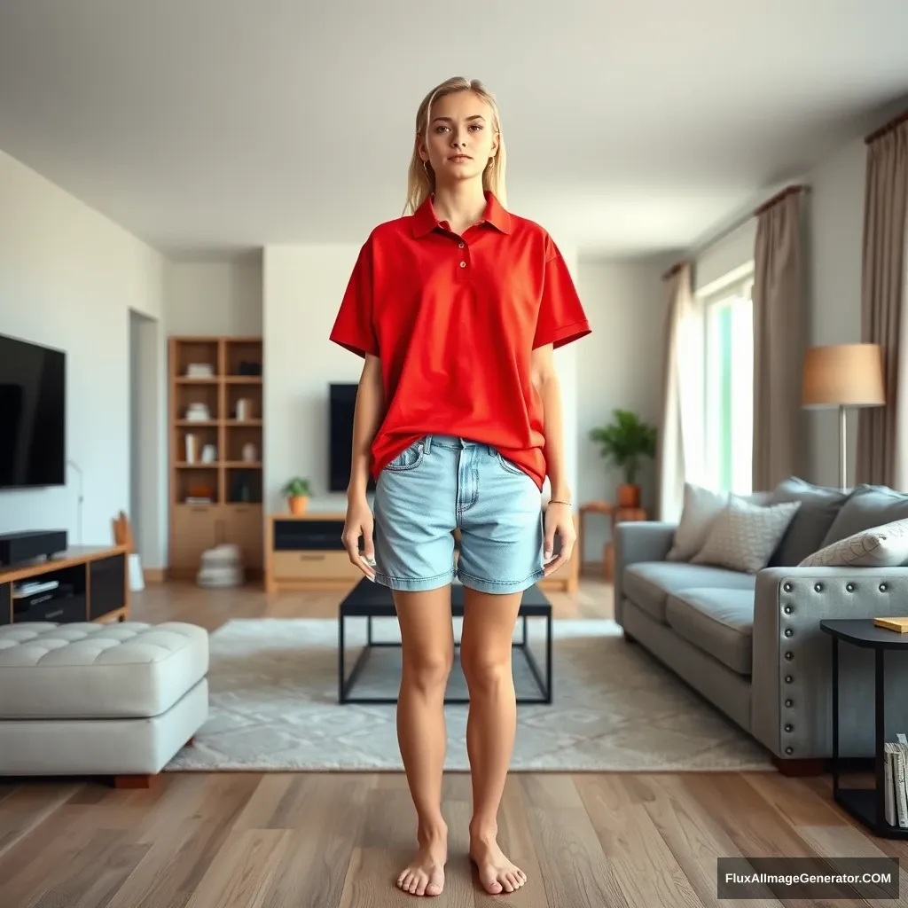 Front view of a young blonde skinny woman who is in her early twenties is in her massive living room wearing a massively oversized red polo t-shirt which is a bit off balance on one of the shoulders and the bottom part of her t-shirt is tucked in, and she is also wearing light blue denim shorts and she is wearing no shoes or socks; she faces her TV and stands there with both arms straight down. - Image