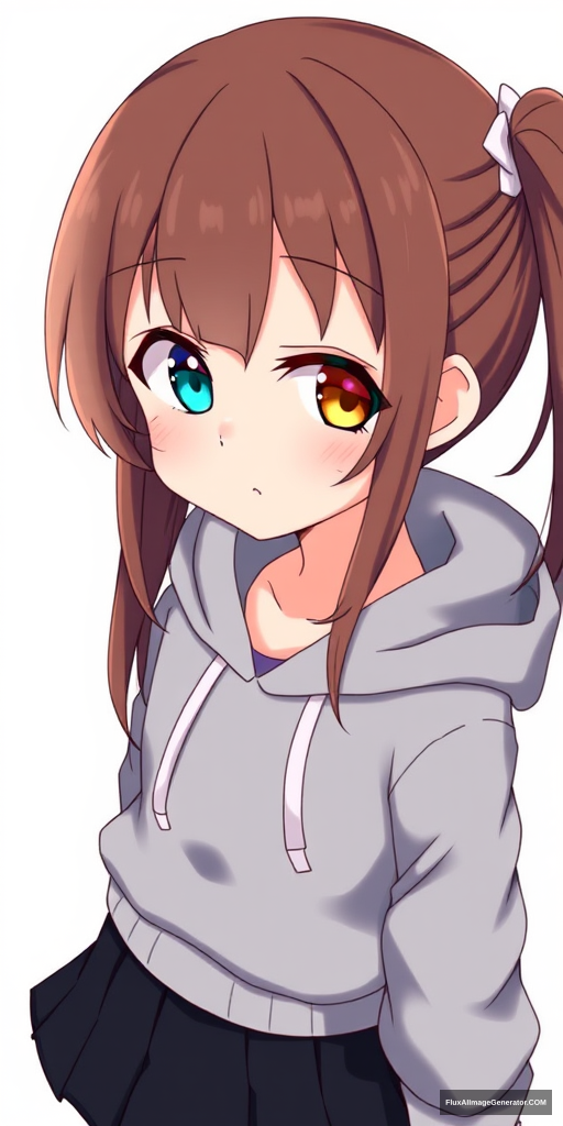 One anime girl with a blue left eye and a yellow right eye, and brown hair. She has a cute appearance and is short, wearing a gray hoodie and a black skirt. - Image