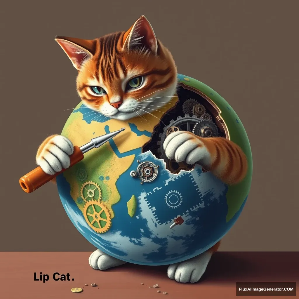 A cat repairing an Earth-like planet with a screwdriver in its hand, many gears and circuits inside the planet. - Image