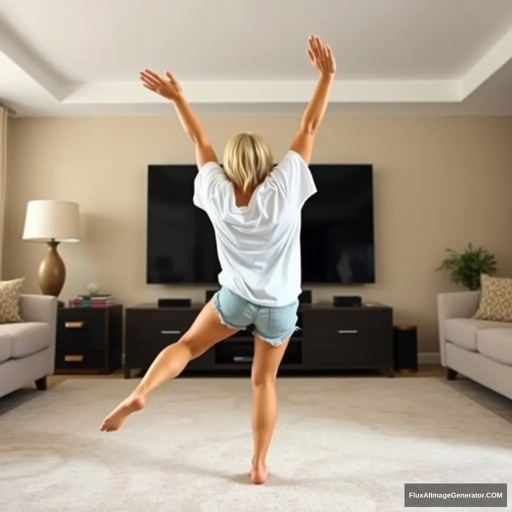 Side view angle of a blonde skinny woman who is in her massive living room wearing a massively oversized white t-shirt which is also very off balance on one of the sleeves for the shoulders and wearing oversized light blue denim shorts. She is wearing no shoes or socks and facing her TV. She dives head first into it with both her arms raised below her head and her legs high up in the air, positioned at a 60-degree angle.