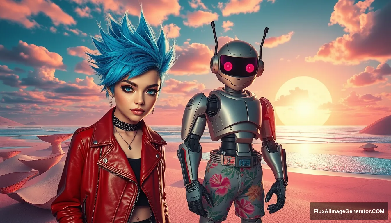 A striking, high-contrast scene showcases a punk girl with electric blue spiky hair and a leather jacket, alongside a very cute hunk retro-futuristic robot in Hawaiian shorts, set against a surreal alien beach with iridescent fungi and shimmering lakes under a vibrant sky.