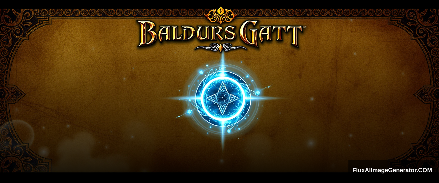 Immersive UI/UX design for Baldur's Gate 4 main menu: medieval fantasy aesthetic with intricate golden filigree borders. Central play button glows with arcane energy. Weathered parchment background displays dynamic scenes from the Forgotten Realms. Ambient magical particles float across the screen. - Image