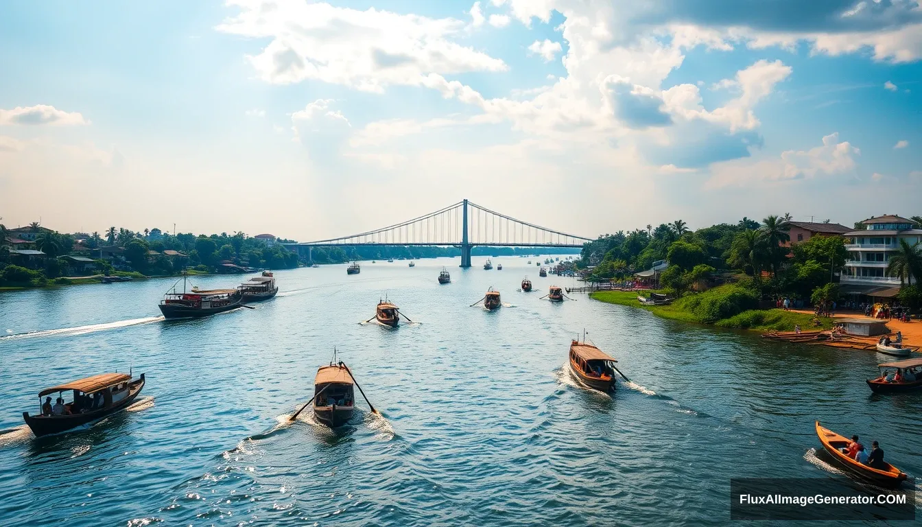 Ultra HD, realistic, cinematic view of the Musi River, a wide river with clear blue water reflecting the sky, traditional boats and modern ships navigating the water, lush green banks with a mix of traditional stilt houses and modern buildings, the Ampera Bridge prominently in the background, vibrant sunlight casting warm hues, people engaging in daily activities along the river, serene yet lively atmosphere.