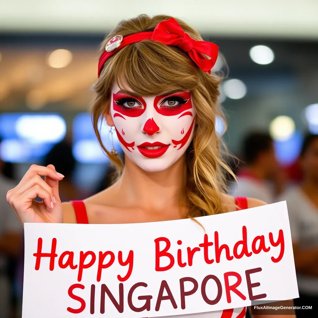 Taylor Swift in red and white face paint, holding a banner that says “Happy Birthday Singapore”