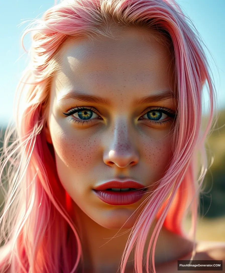 A beautiful woman with pink hair, sun-drenched, soft freckles, perfect human female specimen, idealized, hyper-realistic intricate, exquisite details and textures, sharp focus, high resolution, detailed eyes, 8k uhd, nikon d850, high quality, film grain, hyper realistic skin (detailed skin:1.3) - Image