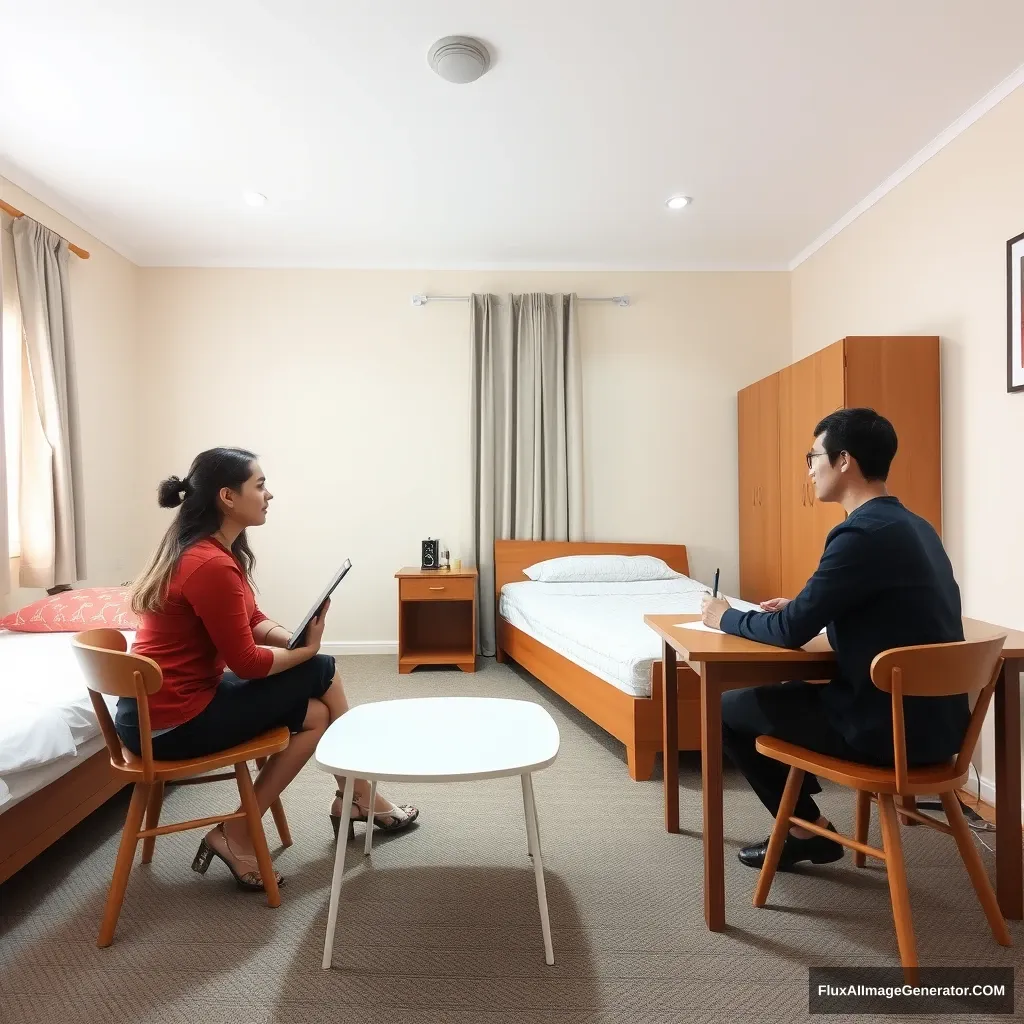 In the room, there is a bed, a table, and chairs, and the female tutor is teaching the student. - Image