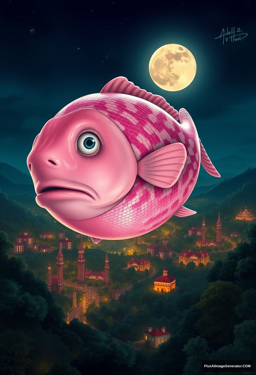 1. **Main Character**: The main character is an enormous, surreal pink fish, its body glistening under the moonlight. Its features are exaggerated, with large, expressive eyes and finely detailed scales that shimmer in various shades of pink and white. The fish’s face exhibits a serene yet curious expression, adding to its whimsical nature.

2. **Action**: The fish hovers above a lush landscape, seemingly floating in the night sky. Its mouth is slightly open, as if it’s about to speak or sing, while its fins are gracefully extended. The angle of its body suggests both majesty and a gentle presence, as it gazes down toward the city below.

3. **Attire**: While the fish doesn’t wear clothing, its natural coloration serves as its attire. The vibrant pink contrasts beautifully with the surrounding dark greens of the trees and the deep blue of the night sky, creating an eye-catching visual narrative.

4. **Surroundings**: Below the fish lies a bustling city illuminated by warm, golden lights. The buildings are varied in height and design, with some resembling traditional architecture. Small boats are docked along the waterfront, their silhouettes adding depth to the scene. Lush trees surround the city, framing the landscape and enhancing the dreamlike quality.

5. **Background**: The background features a starry night sky, with a full moon casting a soft glow across the scene. The trees create a dense canopy, their deep greens contrasting with the illuminated cityscape below. This creates a harmonious blend of nature and urban life, enveloped in twilight.

6. **Art Style**: The art style is fantastical and hyper-realistic, employing vibrant colors and intricate details. The smooth textures of the fish and the bright, warm tones of the city lights evoke a sense of wonder, while the blend of realism and fantasy draws the viewer into a dreamlike world.

7. **Ambience**: The ambience is magical and serene, filled with a sense of wonder and tranquility. The gentle glow of the city lights against the dark backdrop creates a cozy atmosphere, inviting contemplation. The scene feels alive with possibility, merging nature and the surreal in a harmonious tableau. - Image