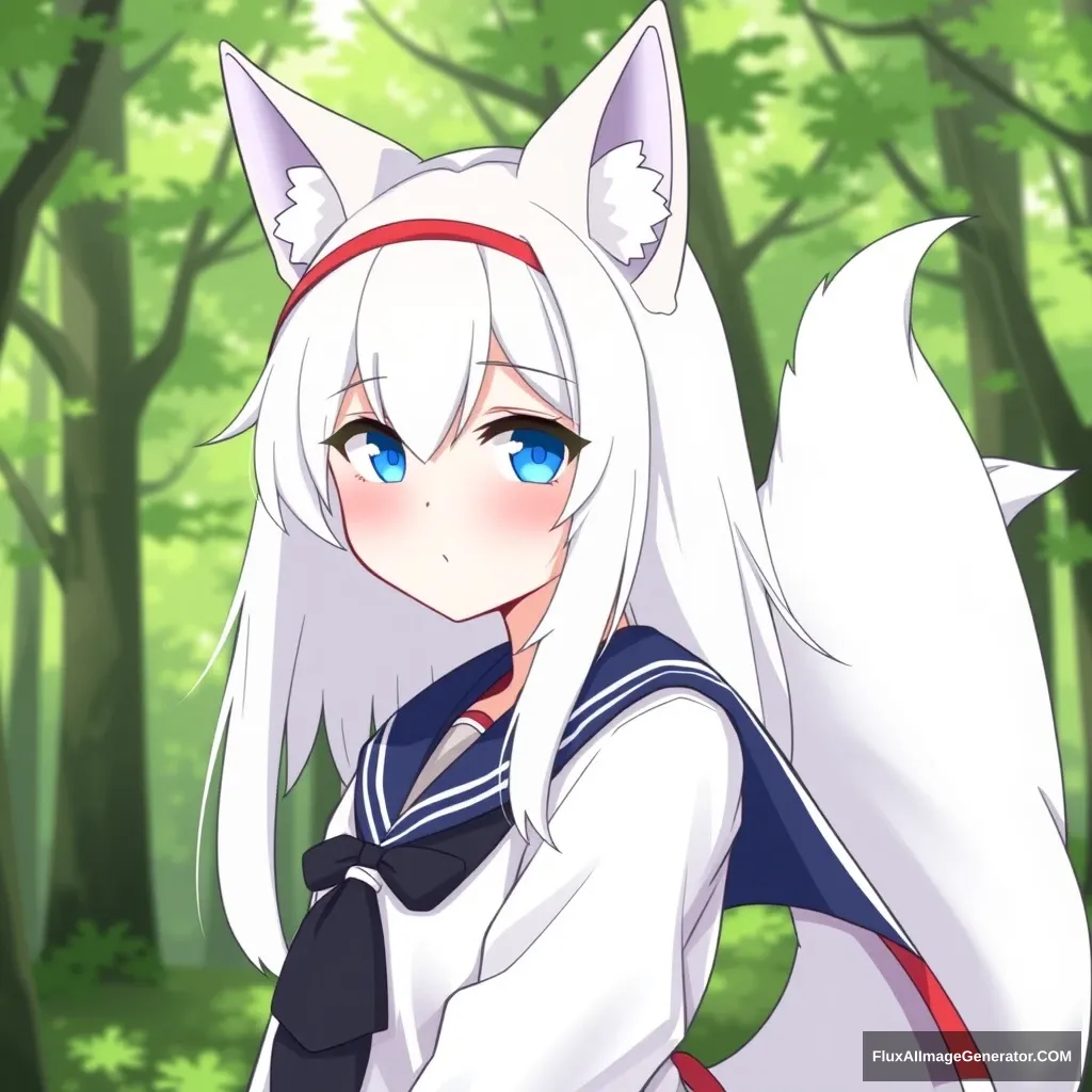 A picture of the VTuber Filian with wolf ears and a wolf tail, and medium-length white hair, in a sailor school outfit, with a green forest background. - Image