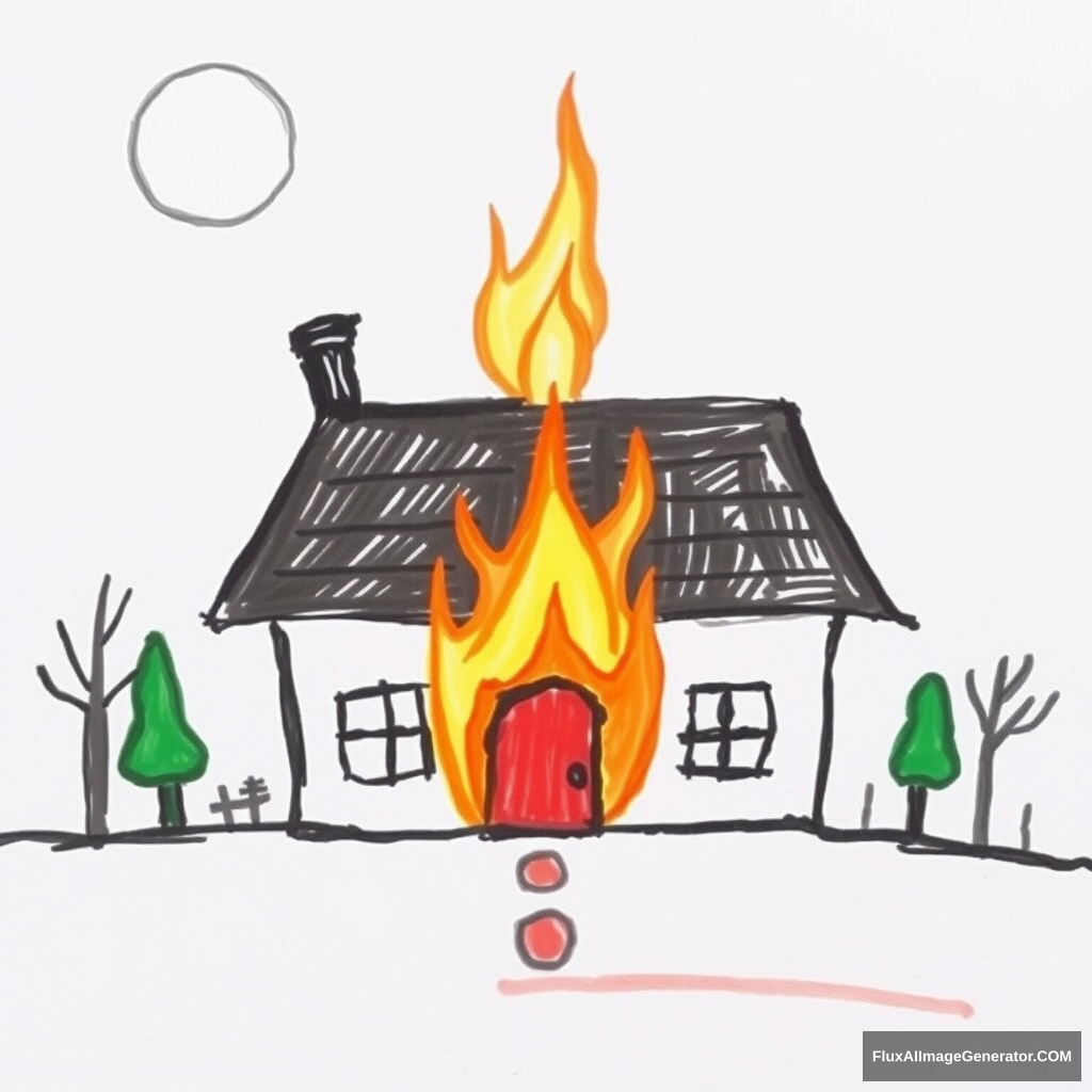 A kid's drawing of a house burning