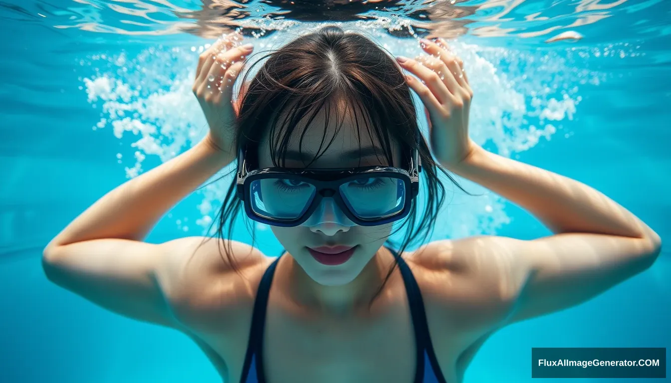 Asian woman, swimming pool, diving, underwater photography, behind.