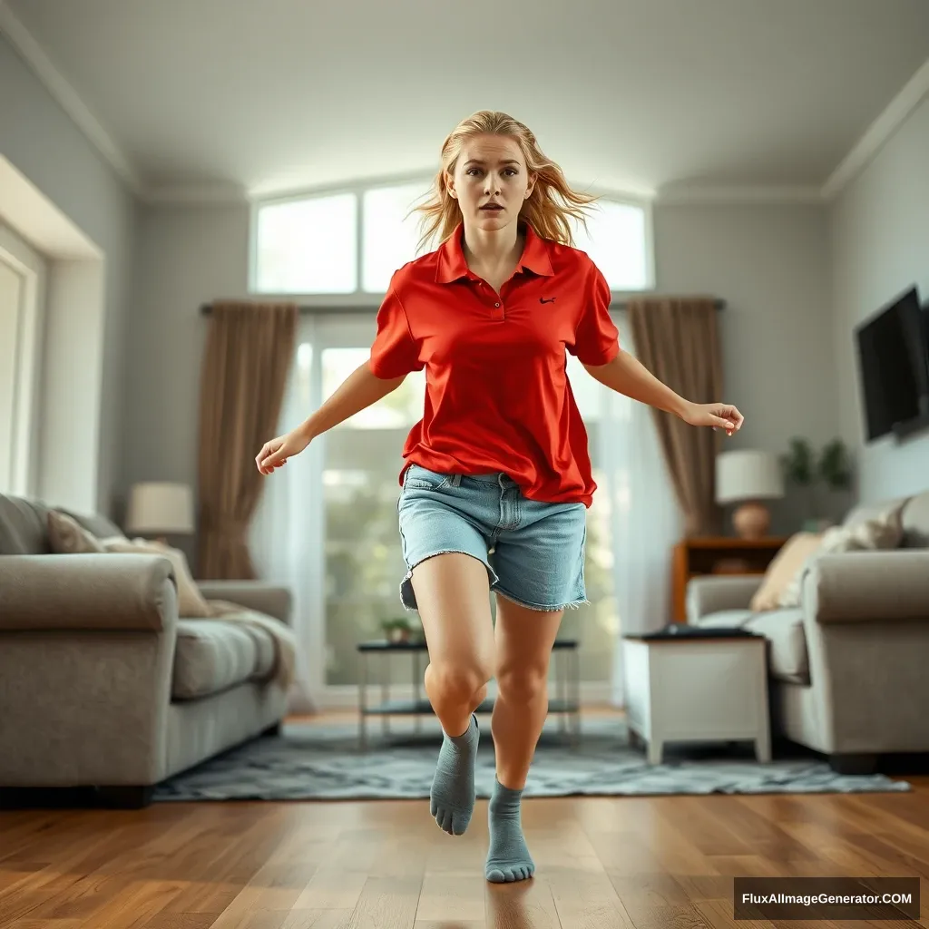 Front view of a blonde skinny woman who is in her early twenties in her massive living room, wearing a massively oversized red polo shirt that is quite off balance on one shoulder and is also untucked. She is wearing light blue denim shorts with no shoes and grey socks. She faces the camera looking worried and runs towards it with both her arms straight down.