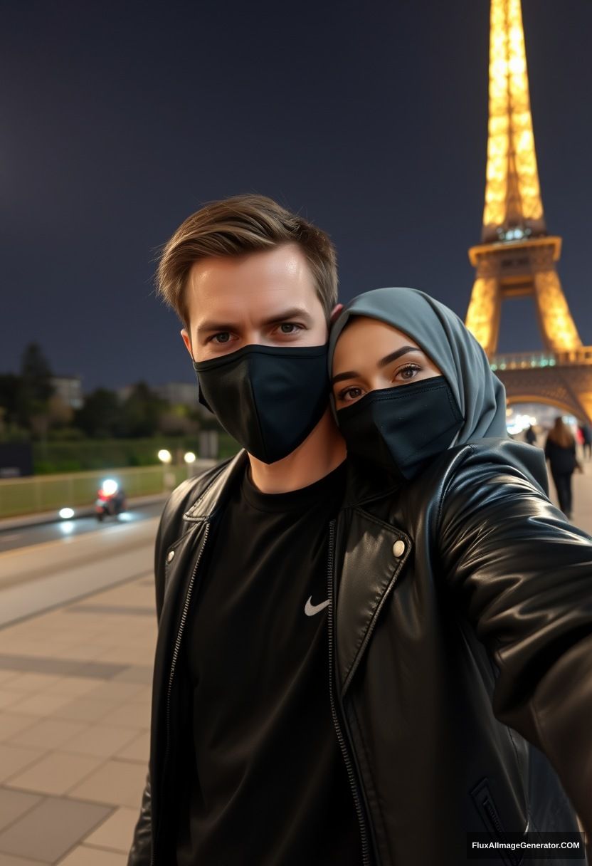 Jamie Dornan, black face mask, black leather jacket, Nike t-shirt, dating, love with the biggest grey hijab Muslim girl, beautiful eyes, black face mask, leather jacket, biggest longest skirt, not tall, standing near the Eiffel Tower, night scenery, hyper-realistic, photorealistic, selfie photos. - Image