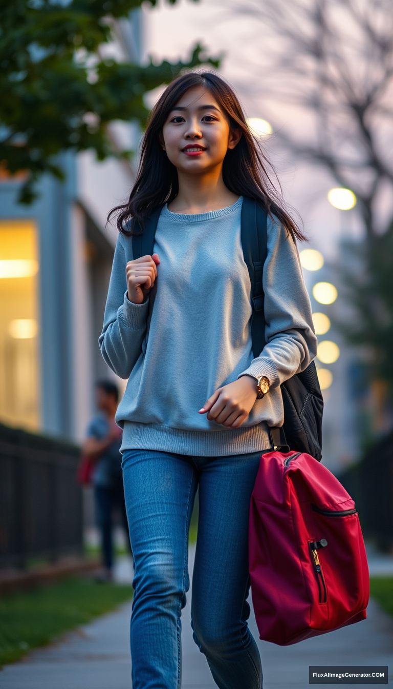 A female high school student on her way home from school, Asian, full-body shot, evening lighting.