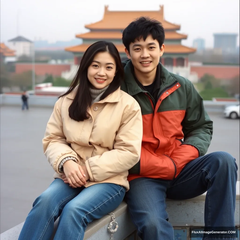 A pair of young Chinese lovers, wearing jackets and jeans, sitting on the roof, the background is Beijing in the 1990s, and the opposite building can be seen.