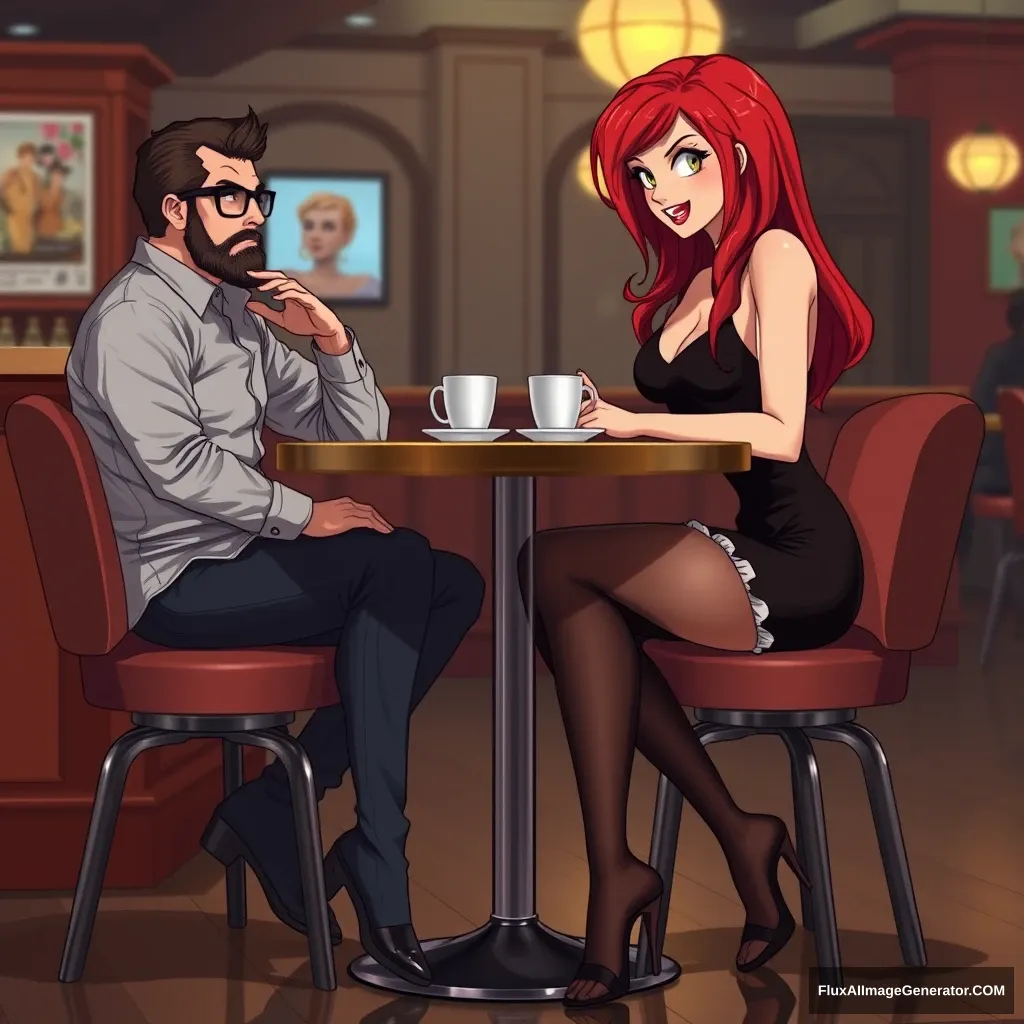 High quality Anime style. A woman and a man are sitting at a table in a bar, having a coffee. The woman has red hair, with a devious grin on her face, wearing a short dress, black pantyhose, and high heel sandals. She looks at the man with superiority. The man is a 40-year-old man, with a beard and glasses, wearing jeans and a shirt. Shot from the side, from a distance, so all their figures are shown. The woman is looking at the man. The table has one leg, in the middle, metallic. The woman and the man are sitting on opposite sides, facing each other. Photorealistic. Cinematic.