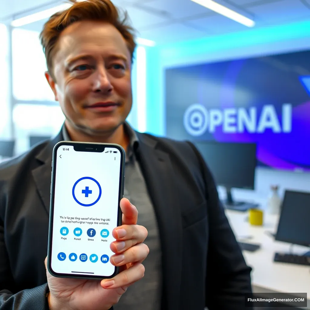 Elon Musk holds a phone and the phone screen shows the KainoAI app, with the background set in the OpenAI office. - Image