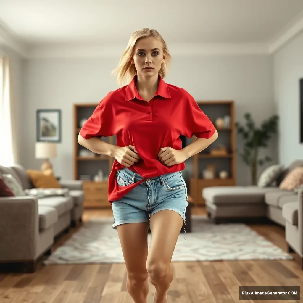 Front view of a blonde skinny woman in her early twenties in her massive living room, wearing a massively oversized red polo t-shirt that is very off-balance on one shoulder and also untucked. She is wearing knee-height light blue denim shorts and no shoes or socks. She faces the camera, looking worried, and runs towards it with both her arms straight down on her hips. - Image