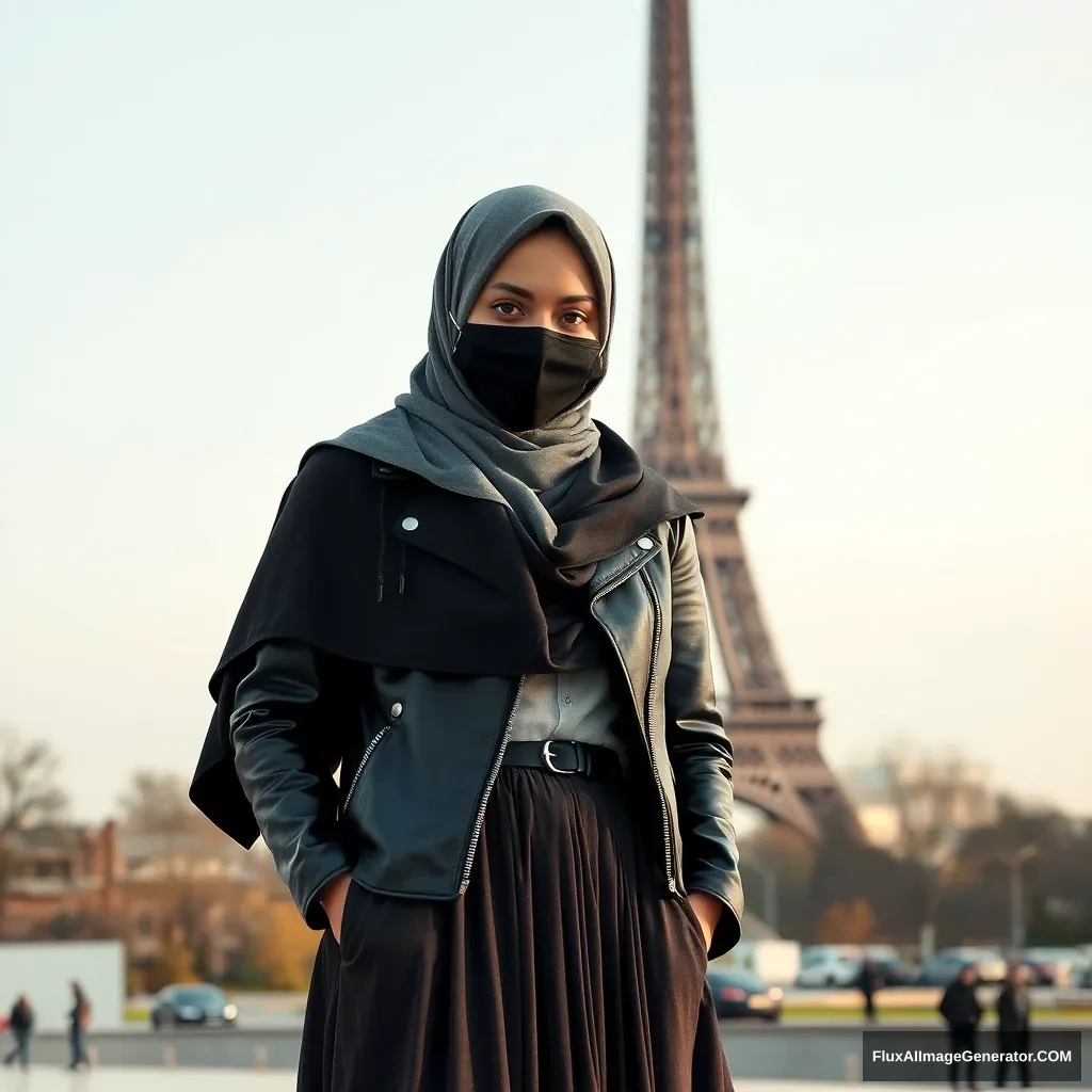 A biggest grey hijab Muslim girl, beautiful eyes, face mask black, black leather jacket, biggest longest skirt, standing near Eiffel Tower, Olympic 2024. - Image