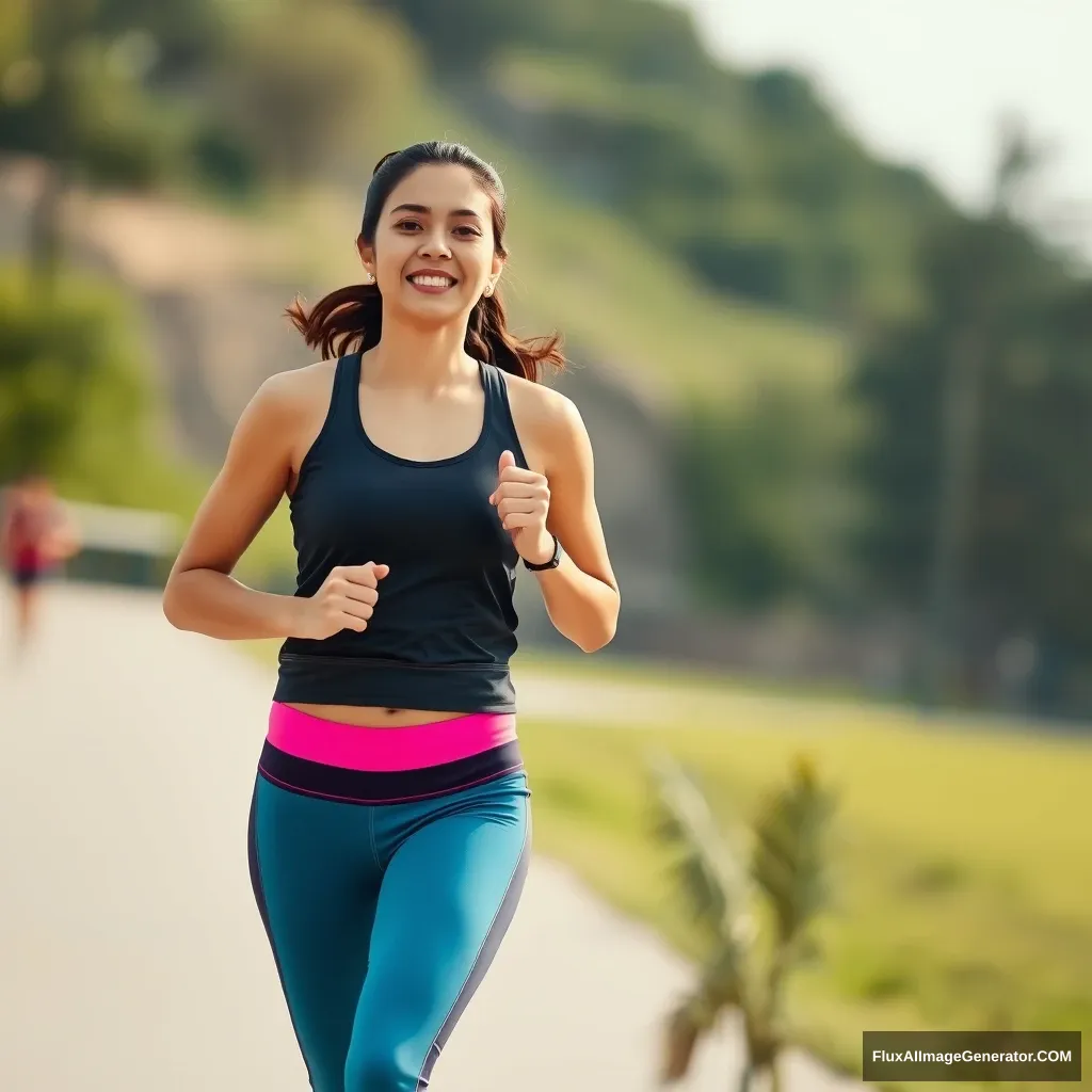 A woman running, Asian, a young married woman, in yoga sportswear.